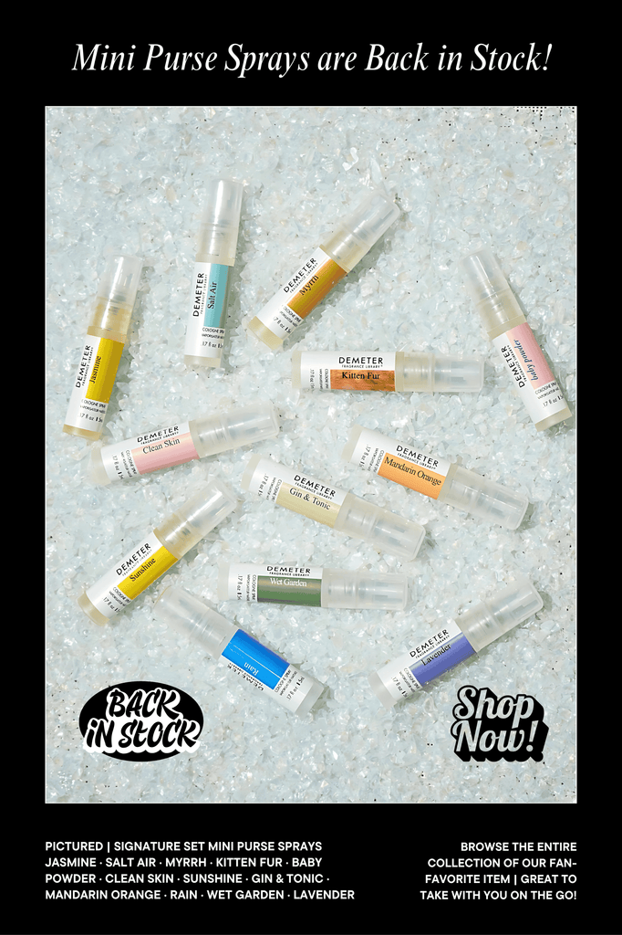 Mini purse sprays on a textured gray background with promotional text.